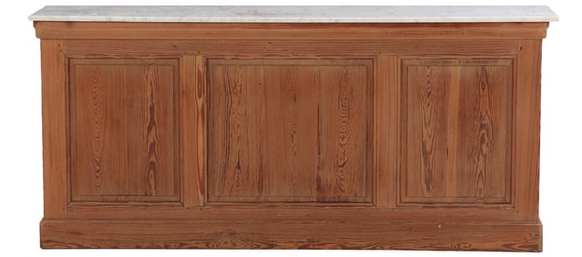 CARVED PINE FRENCH COUNTER HAVING A MARBLE TOP AND CENTRAL DOOR ON REVERSE C 1890.