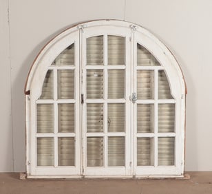 THREE PANEL PAINTED WINDOW SET IN FRAME WITH IRON SHUTTERS C 1930