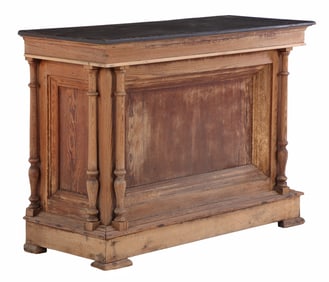 AN ANTIQUE FRENCH BAR COUNTER HAVING COLUMNAR DESIGN WITH PAINTED BLACK TOP.