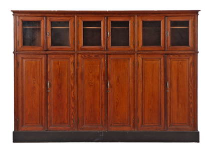 A HARD TO FIND FRENCH ANTIQUE PINE AND GLASS KITCHEN CABINET C 1890.: A hard to find French antique pine and glass kitchen cabinet c 1890. Ht: 71" Wd: 101" Dpth: 17.5"