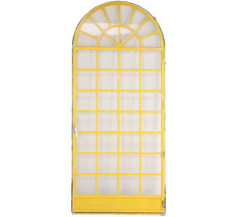 A LARGE PAINTED IRON AND GLASS FRENCH PALLADIUM WINDOW: A large painted iron and glass French palladium window hinged to its frame C 1930. Ht: 110.5" Wd: 48.5"