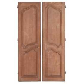 ONE OF TWO PAIR OF ANTIQUE CARVED OAK FRENCH DOORS ELABORATE LOCKING SYSTEM ON PAINTED SIDE.