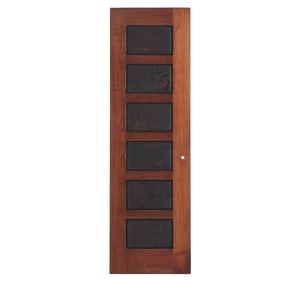 AN INTERIOR WOOD DOOR WITH INTERESTING CHINESE CARVED   PANELS.