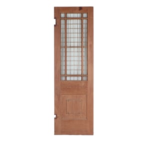 AN ANTIQUE ENGLISH MAHOGANY LEADED GLASS DOOR CIRCA 1910, REMOVED FROM A LUXURY HOTEL IN LONDON.