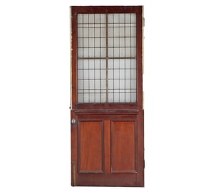 AN ANTIQUE ENGLISH MAHOGANY LEADED GLASS DOOR CIRCA 1910, REMOVED FROM A LUXURY HOTEL IN LONDON.