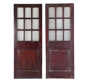 A PAIR OF ANTIQUE ENGLISH MAHOGANY LEADED GLASS DOORS CIRCA 1910, REMOVED FROM A LUXURY HOTEL IN
