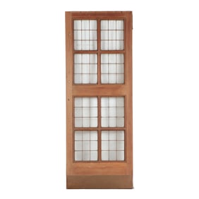 AN ANTIQUE ENGLISH MAHOGANY LEADED GLASS DOOR WITH BRASS KICK PLATE CIRCA 1910, REMOVED FROM A