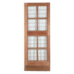 AN ANTIQUE ENGLISH MAHOGANY LEADED GLASS DOOR WITH BRASS KICK PLATE CIRCA 1910, REMOVED FROM A