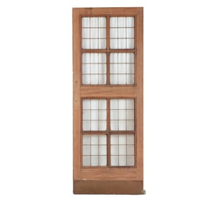 AN ANTIQUE ENGLISH MAHOGANY LEADED GLASS DOOR WITH BRASS KICK PLATE CIRCA 1910, REMOVED FROM A