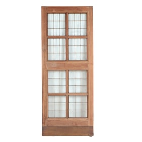 AN ANTIQUE ENGLISH MAHOGANY LEADED GLASS DOOR WITH BRASS KICK PLATE CIRCA 1910, REMOVED FROM A