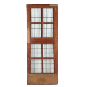 AN ANTIQUE ENGLISH MAHOGANY LEADED GLASS DOOR WITH BRASS KICK PLATE CIRCA 1910, REMOVED FROM A
