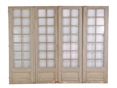 A SET OF FOUR ANTIQUE FRENCH PAINTED WOOD ENTRY DOORS WITH RAISED PANEL BOTTOMS.: A set of four antique French painted wood entry doors with raised panel bottoms. Each door has a width of 31.5" Ht: 94.25" Wd: 31.5"