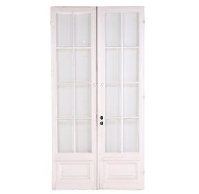 A PAIR OF ANTIQUE PAINTED WOOD AND GLASS FRENCH DOORS.