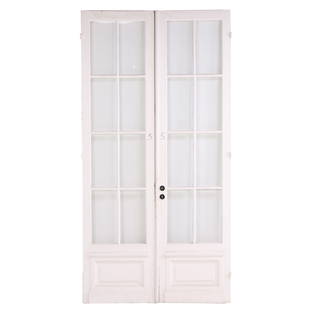 A PAIR OF ANTIQUE PAINTED WOOD AND GLASS FRENCH DOORS.: A pair of antique painted wood and glass French doors. Each door has a width of 27.25" Ht: 103.25" Wd: 27.25"