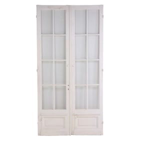 A PAIR OF ANTIQUE PAINTED WOOD AND GLASS FRENCH DOORS.