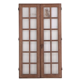 A PAIR OF ANTIQUE OAK AND GLASS FRENCH DOORS.