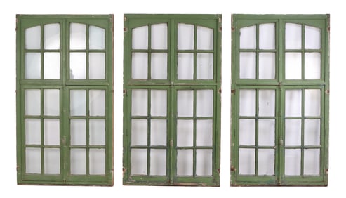 A SET OF SEVEN ANTIQUE FRENCH PAINTED WOOD AND GLASS WINDOWS.