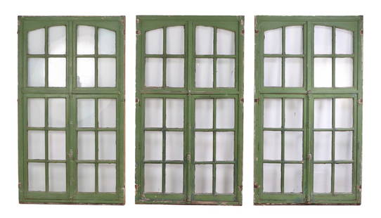 A SET OF SEVEN ANTIQUE FRENCH PAINTED WOOD AND GLASS WINDOWS.: A set of seven antique French painted wood and glass windows. Each frame has a width of 51.25" This lot will not be available for pickup until after June 4th. Ht: 91" Wd: 51.25"