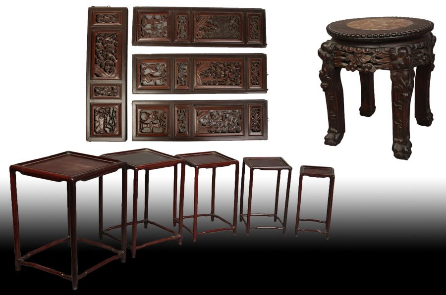 ASIAN TEAK TABORET NESTING STANDS HANGING PANELS: Ten piece Asian lot consisting of a carved teak taboret with marble inset, a set of five nesting stands and four carved hanging panels. Early to mid 20th C. ten piece Asian lot consisting of: A nice c