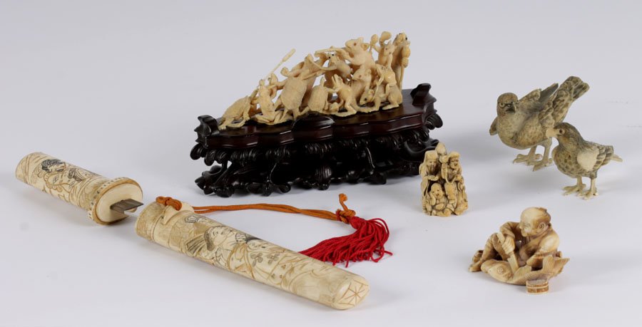 COLLECTON ASIAN EARLY-MID 20TH C. CARVED IVORY: Collection of antique carved ivory consisting of a pair of hands, a fish monger, seven mini immortals, a scabbard, and a group of animals. Seven mini immortals ( Ht: Width: Depth: