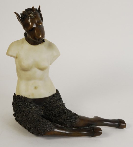 INTRIGUING BRONZE MARBLE SCULPTURE SATYR VENUS: An intriguing bronze and marble sculpture, Satyr Venus, unsigned. Ht: 14.5" Width: 14" Depth: 10.5"