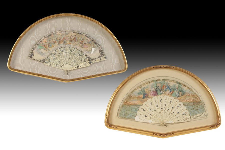 2 HAND PAINTED FRENCH FANS IN SHADOW BOXES C.1900: A group of two ornately hand painted antique french fans mounted in shadow boxes circa 1900. Ht:17" Width:28" Depth:1" (Largest)