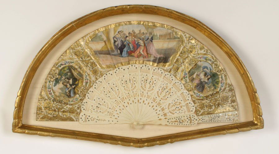 3-PANEL ANTIQUE FRENCH FAN IN SHADOW BOX C. 1890: A very fine hand painted antique French three-panel fan with gold foliate and cartouche scrollwork in shadow box circa 1890. Ht: 13" Width: 24" Depth: 2"