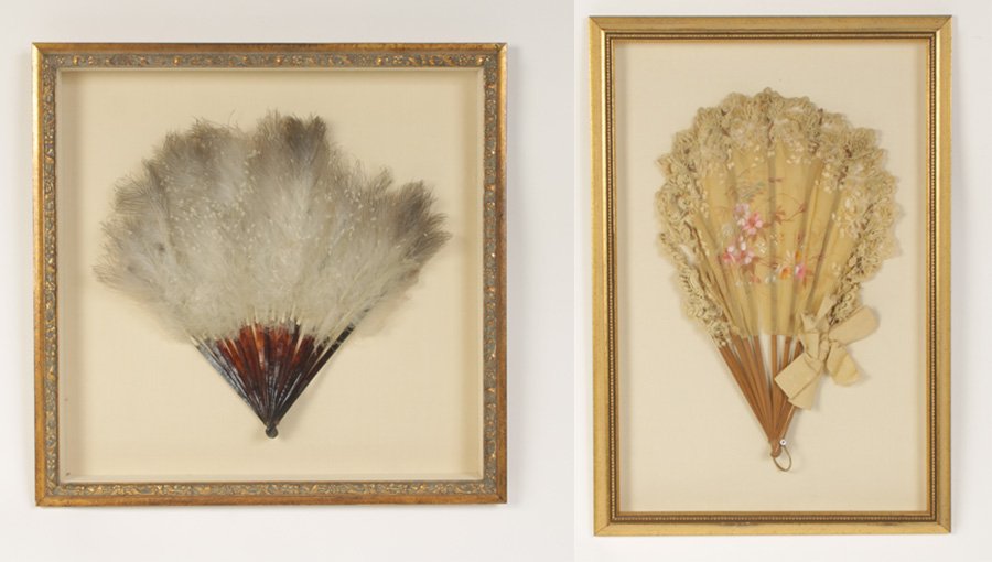 2 ANTIQUE HAND FANS OSTRICH FEATHERS SILK: A grouping of two antique hand fans circa 1900. The first having ostrich feathers and tortoise shell ribs. The second handpainted on silk with lace border and bamboo ribs, both in shadowbox frames. Ht