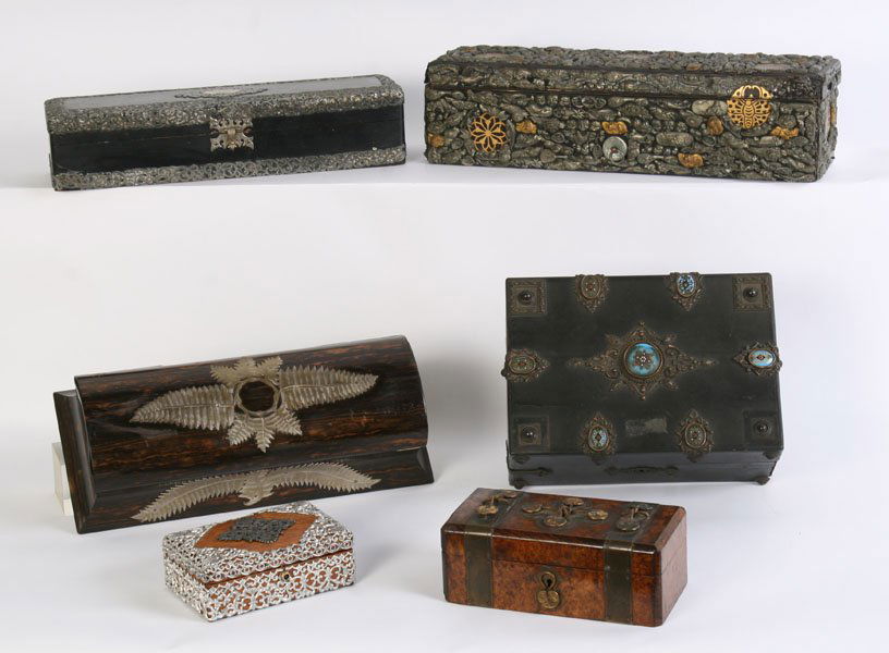 6 METAL MOUNTED DECORATIVE BOXES JAPANESE LACQUER: Handsome lot of six metal mounted decorative boxes including a fine Japanese lacquer box covered with applied metal decoration circa 1900. Ht: 4.25" Width: 16" Depth: 4" (Largest)
