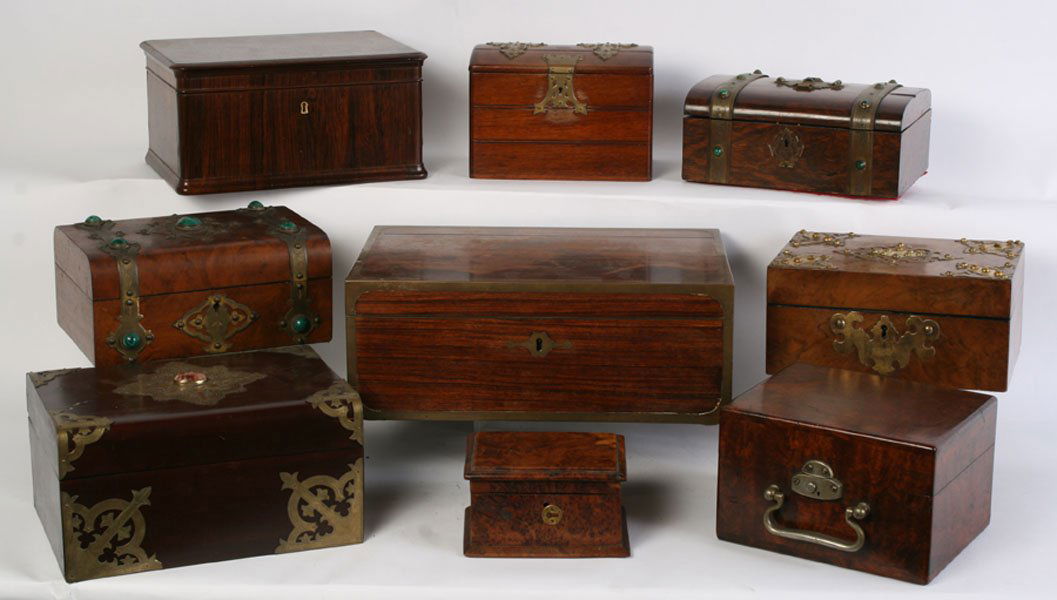9 ANTIQUE DECORATIVE BOXES VARIOUS WOODS: Fantastic lot of nine antique decorative boxes in various woods. Five with brass mounts and three set with malachite or quartz stones circa 1900. Ht: 5.75" Width: 15.25" Depth: 10.5" (Largest)