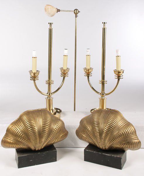 PR PORCELAIN SHELL LAMPS DOUBLE ARM BRASS FLOOR: A lot of lamps consisting of a pair of gilt porcelain shell lamps, pair of double arm brass lamps and one brass floor lamp. Ht: 39" Width: 12" Depth: 8" (Floor lamp)