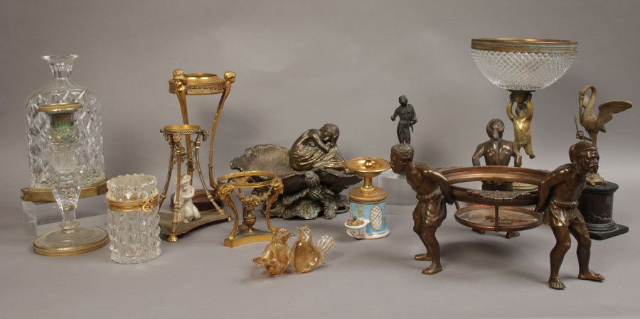 BOX LOT 13 BRONZE BRASS GLASS DECORATIVE OBJECTS: Box lot of thirteen assorted bronze, brass, pot metal and glass decorative objects. Ht: 11.5" Dia: 6.75" (Largest)