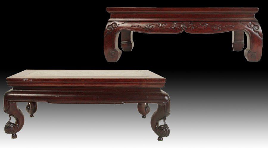 TWO WOOD & MARBLE DISPLAY STANDS CIRCA 1940: Two Asian inspired wood and marble stands circa 1940. Ht: 7" Width: 18.5" Depth: 10" (Largest)