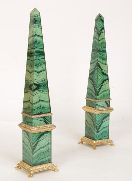 MATCHED PAIR FAUX MALACHITE BRONZE OBELISKS: A matched pair of faux malachite and bronze decorative obelisks. Ht: 18" Width: 3" Depth: 3"