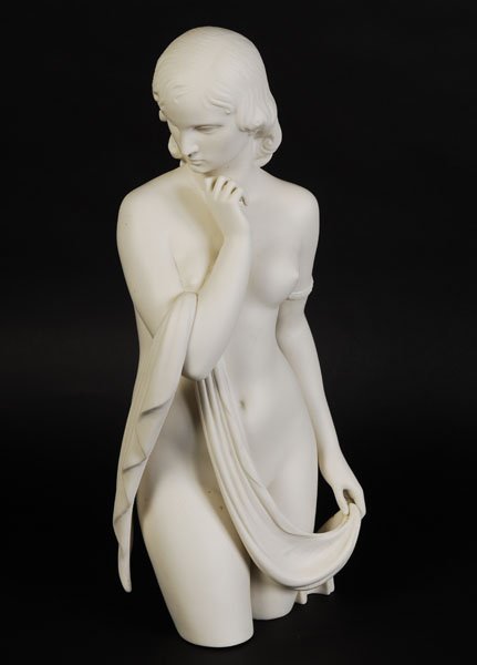 LARGE CYBUS PARIAN FIGURE OF NUDE FEMALE: A large cybus parian figure of a nude female figure minimally draped. Ht: 20" Width: 8" Depth: 5"