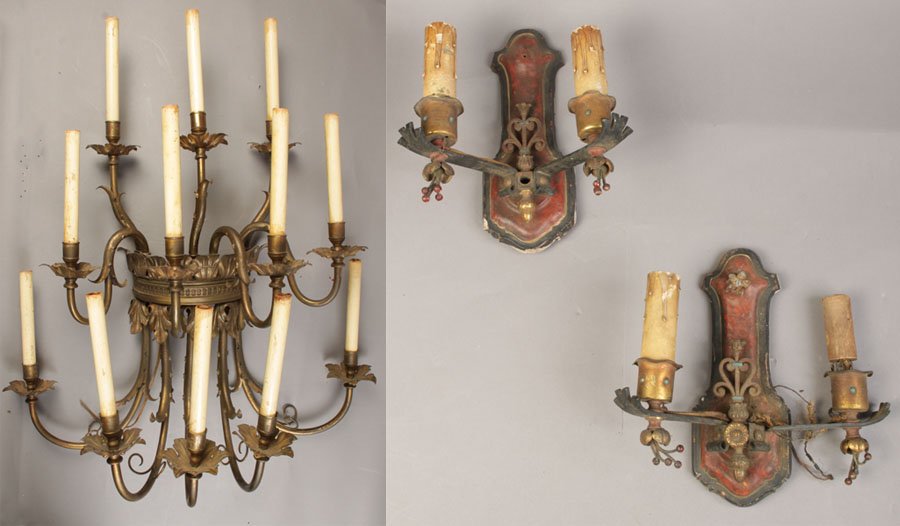 PR 2 ARM WALL SCONCES 12 ARM ARTS & CRAFTS: A lot of wall sconces consisting of a pair of two arm polychromed Arts & Crafts wall sconces and a massive twelve arm wall sconce circa 1910. Ht: 30" Width: 20" Depth: 13"