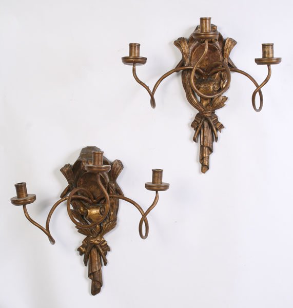 PAIR CARVED GILTWOOD 3 ARM GIRANDOLES: A pair of carved giltwood three arm girandoles having foliate and ribbon decoration circa 1900. Ht: 16" Width: 16" Depth: 9"