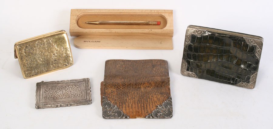 5 PC SILVER CARD CASE LOT HALLMARK STERLING: Five piece silver card case lot with two hallmarked English card cases, one alligator case, a lizard wallet and sterling pen by Bulgari. The alligator case with hallmarked mounts, the lizard wallet ha