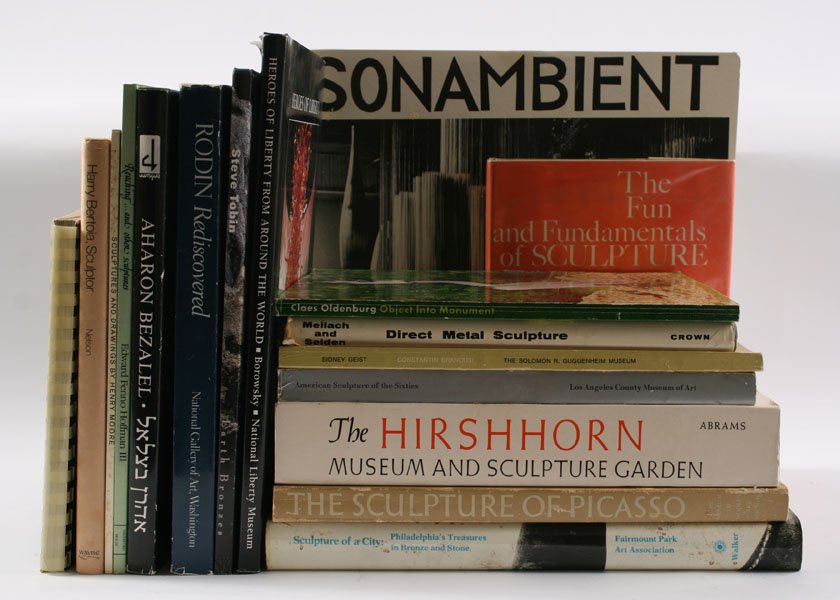 COLLECTION 15 ART BOOKS ALBUM SIGNED BERTOIA: A collection of fifteen art books featuring sculpture along with one "sonambient" album hand signed by Harry Bertoia.