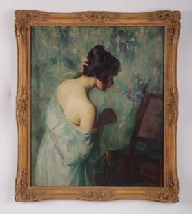 IVAN G. OLINKSY OIL ON CANVAS SIGNED DATED 1918: Ivan Gregorewitch Olinsky (New York, 1878-1962) "Before the Mirror" oil on canvas, signed and dated upper right Ivan G. Olinsky 1918. Ht: 42.5" Width: 36.5" Dia: 36 x 30"