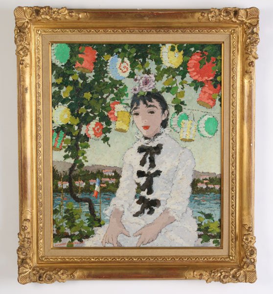 SUZANNE EISENDIECK GERMAN OIL CANVAS SIGNED: Suzanne Eisendieck (German, 1908-1998) "Fete A Issambres". Oil on canvas, signed lower left, Suzanne Eisendiech, titled en verso. Inside measurements: 22" x 18" Ht: 28" Width: 25"