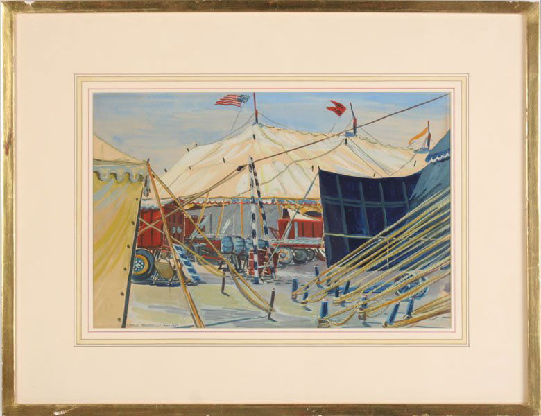 CHARLES BASKERVILLE CIRCUS MIXED MEDIA SIGNED: Charles Baskerville (New York, 1896-1994) preparing for the circus, mixed media on paper. Signed lower left Charles Baskerville, May 1942. Ht: 20" Width: 25.75"