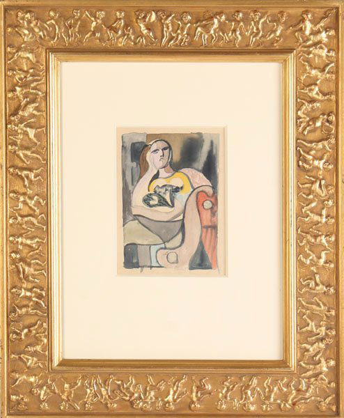 EARL HORTER PA ABSTRACT WATERCOLOR SIGNED: Earl Horter (Pennsylvania, 1881-1940) Abstract figural composition watercolor on paper, signed lower right E. Horter. Housed in an attractive frame having frolicking putti border. Inside measurements: