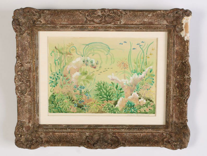 CHARLES BASKERVILLE SIGNED WATERCOLOR ON PAPER: Charles Baskerville (New York,1896-1904) "Under Sea Water" watercolor on paper signed lower right "Charles Baskerville". Palm Beach Galleries tag en verso. Ht: 10" Width: 12.5"