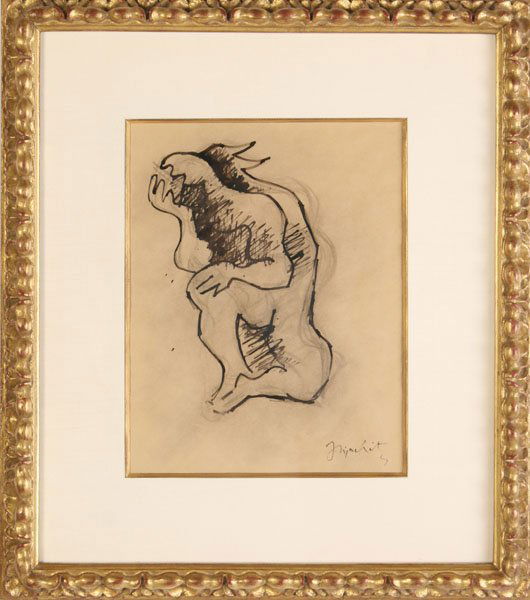 JACQUES LIPCHITZ CHARCOAL INK PAPER SIGNED: Jacques Lipchitz (New York/France, 1891-1973) "Personnage Assis" charcoal and ink on paper, signed lower right J. Lipchitz circa 1930. Tags en verso: Marlborough Gallery (New York), and Makler Gallery