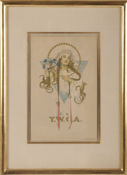 ALPHONSE MUCHA FRAMED VINTAGE YWCA POSTER: Alphonse Mucha (New York/Czech Republic/France, 1860-1939) A framed vintage Art Nouveau Mucha YWCA poster circa 1922. Ht: 17.5" Width: 20.5" (Framed size)