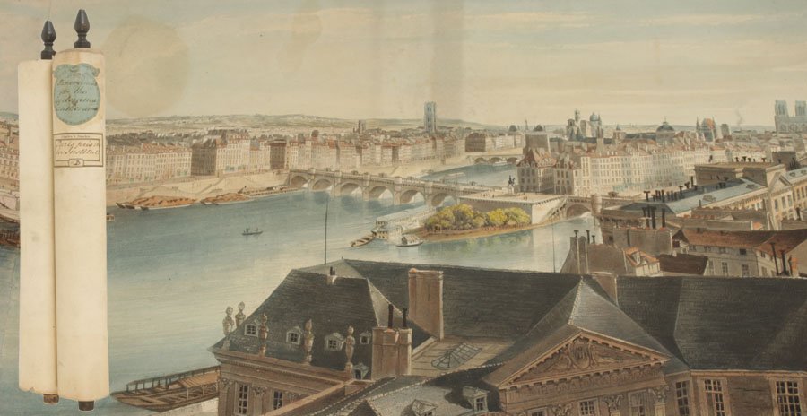 19TH CENT. PANORAMIC SCROLL PARIS HANDPAINTED: Fantastic mid nineteenth century panoramic scroll of Paris from the Left Bank across the Pont des Arts, handpainted watercolor by Charles Bancker. Ht: 13" Width: 80"
