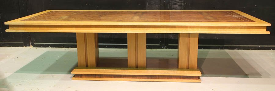 MID CENTURY MODERN ROSEWOOD DINING TABLE: Interesting mid century modern oak, burl walnut, and rosewood dining table inspired by Frank Loyd Wright C 1960. Ht: 30" Width: 112" Depth: 48"