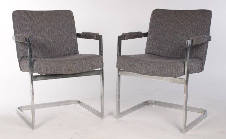 PAIR MILO BAUGHMAN STYLE CHROME CHAIRS: A pair of Milo Baughman style chrome and upholstered chairs circa 1970. Ht: 33" Width: 22.5" Depth: 20"