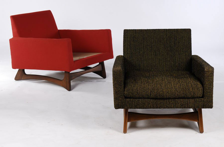 PR ADRIAN PEARSALL UPHOLSTERED LOUNGE CHAIRS: A pair of Adrian Pearsall upholstered lounge chairs for Craft Associates, Inc. having streamlined box form seats circa 1970. Ht: 28" Width: 30" Depth: 32"